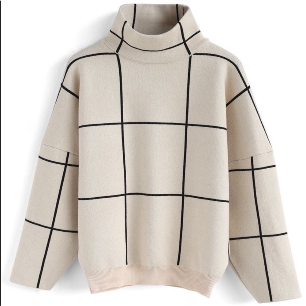 Women's Cream Grid Pattern Sweater